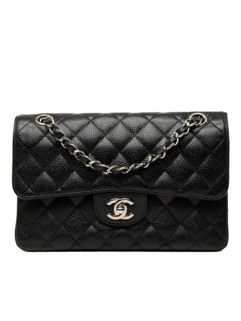 Chanel CC Logo Quilted 23 Double Flap Chain Shoulder Bag Black Silver Caviar